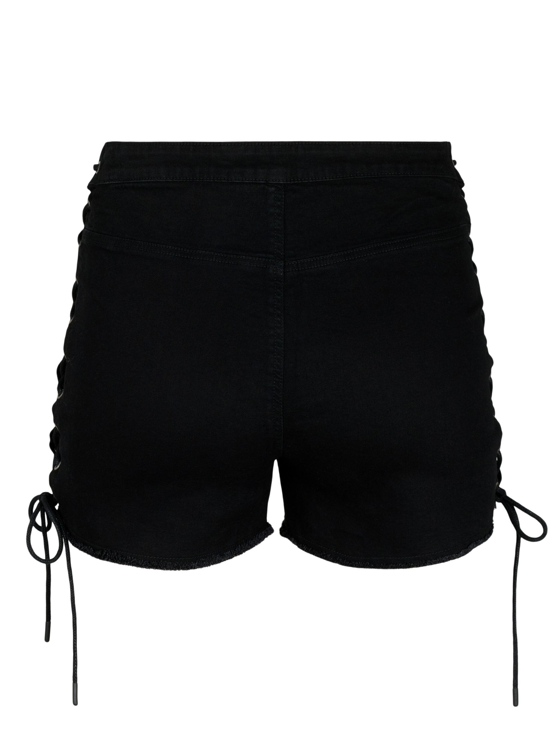 Zizzi Denimshorts med slitna detaljer och sn&ouml;rning, Black Denim, Packshot image number 1