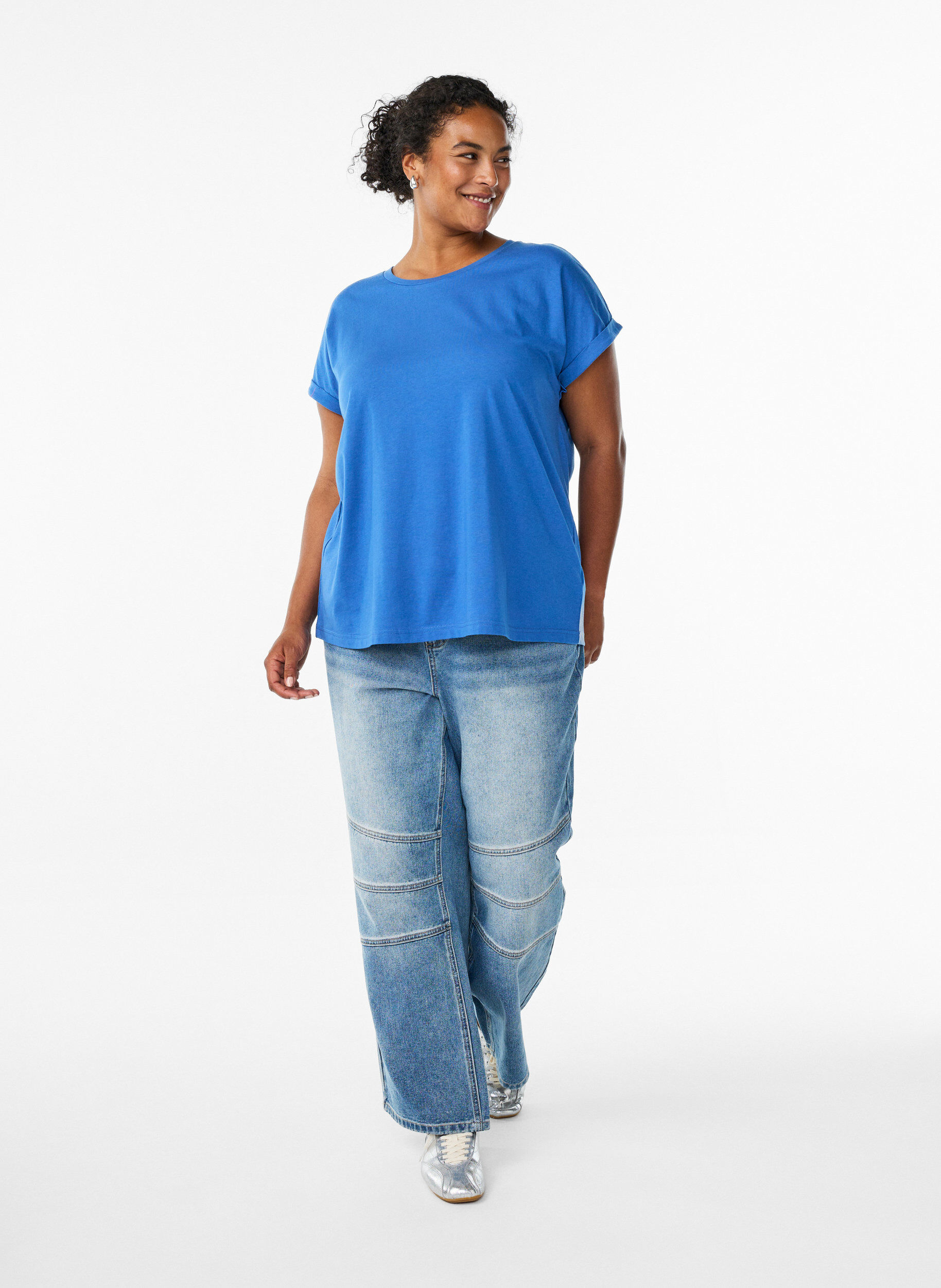 ZizziKort&auml;rmad t-shirt i bomullsblandning, Bl&aring;, Model image number 1