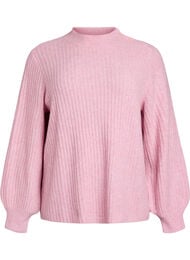 Ribbstickad tr&ouml;ja med puff&auml;rmar och knappar, Rosa