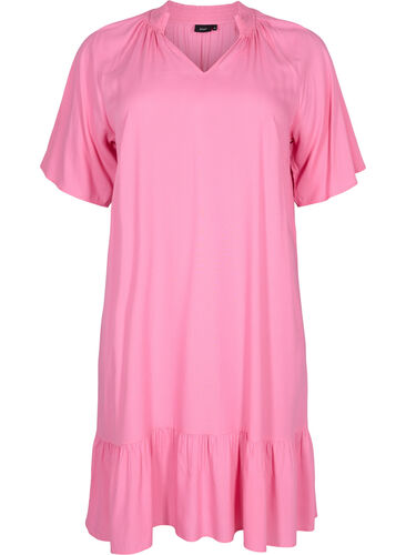 Kortärmad klänning i viskos med v-ringning, Aurora Pink, Packshot image number 0
