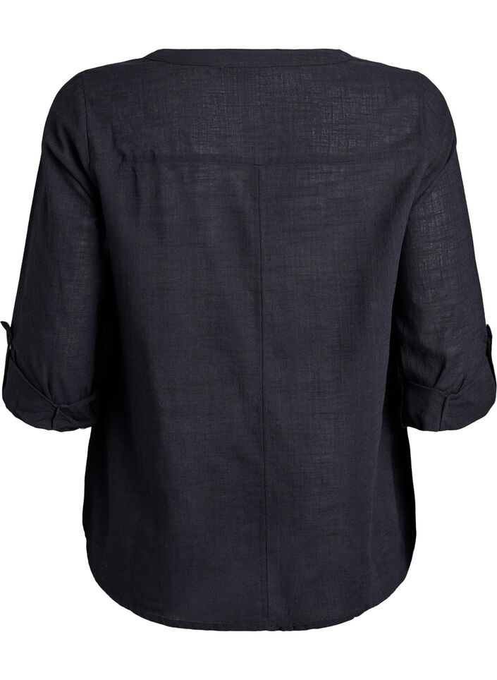 Skjortblus i bomull med v-ringning, Svart, Packshot image number 1