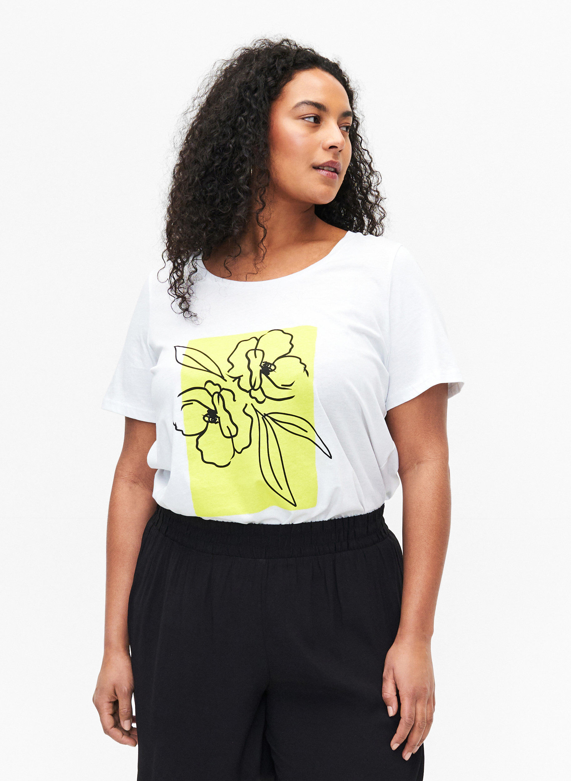 Zizzi T-shirt i bomull med motiv, B. White w. Sulphur, Model image number 0