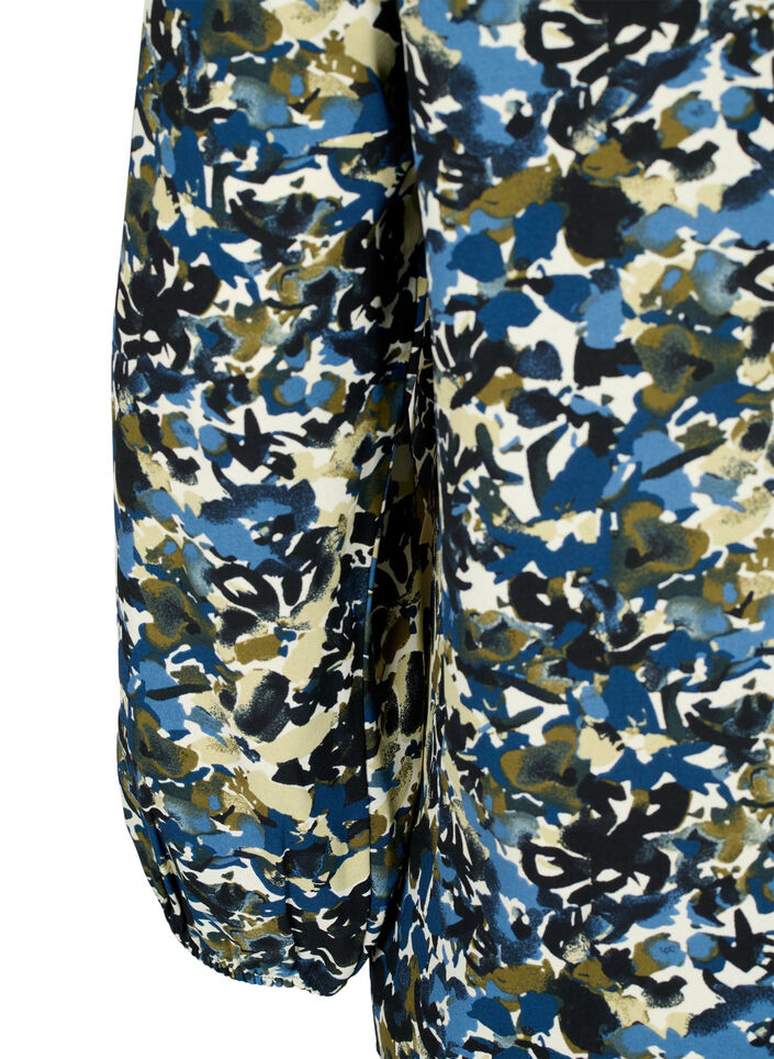 Blus med puffärm, Blue Green AOP, Packshot image number 3