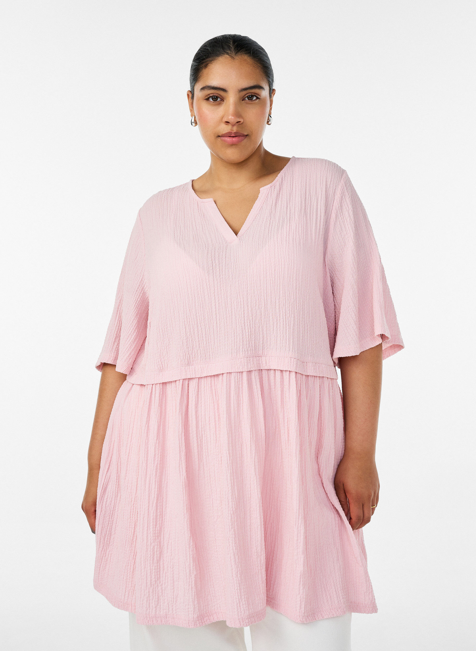ZizziTunika med krinklad textur och halvl&aring;nga &auml;rmar, Rosa, Model image number 0