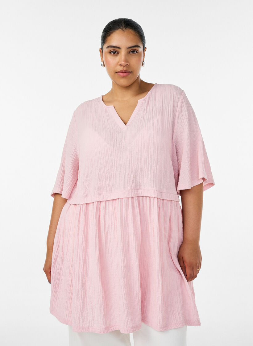 Tunika med krinklad textur och halvl&aring;nga &auml;rmar, Rosa, Model image number 0