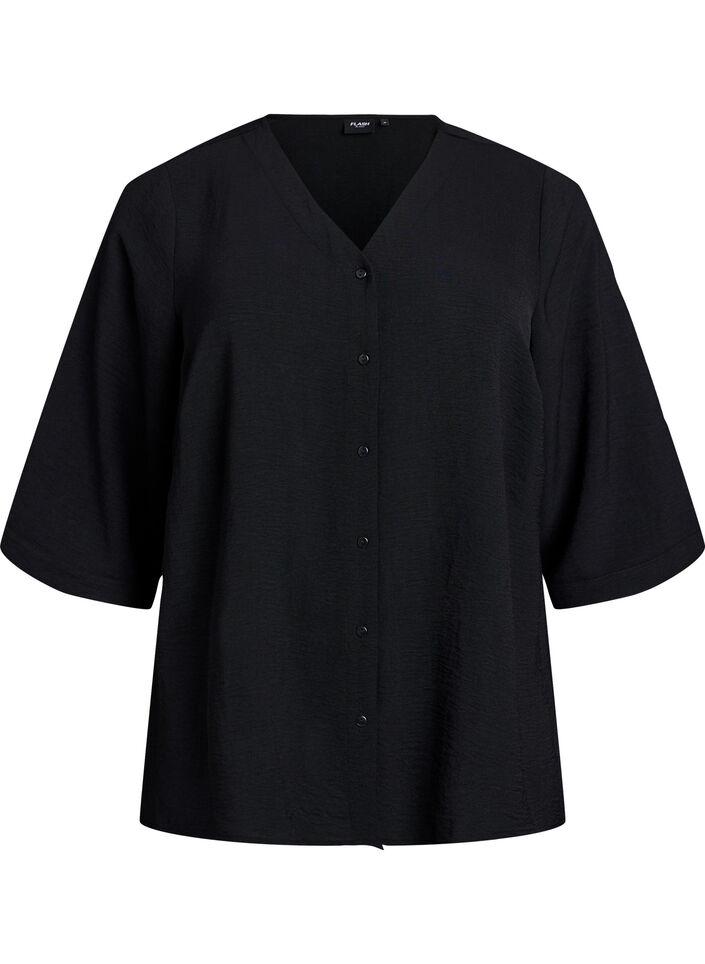 Skjortblus med v-ringning och 3/4-&auml;rm, Svart, Packshot image number 0