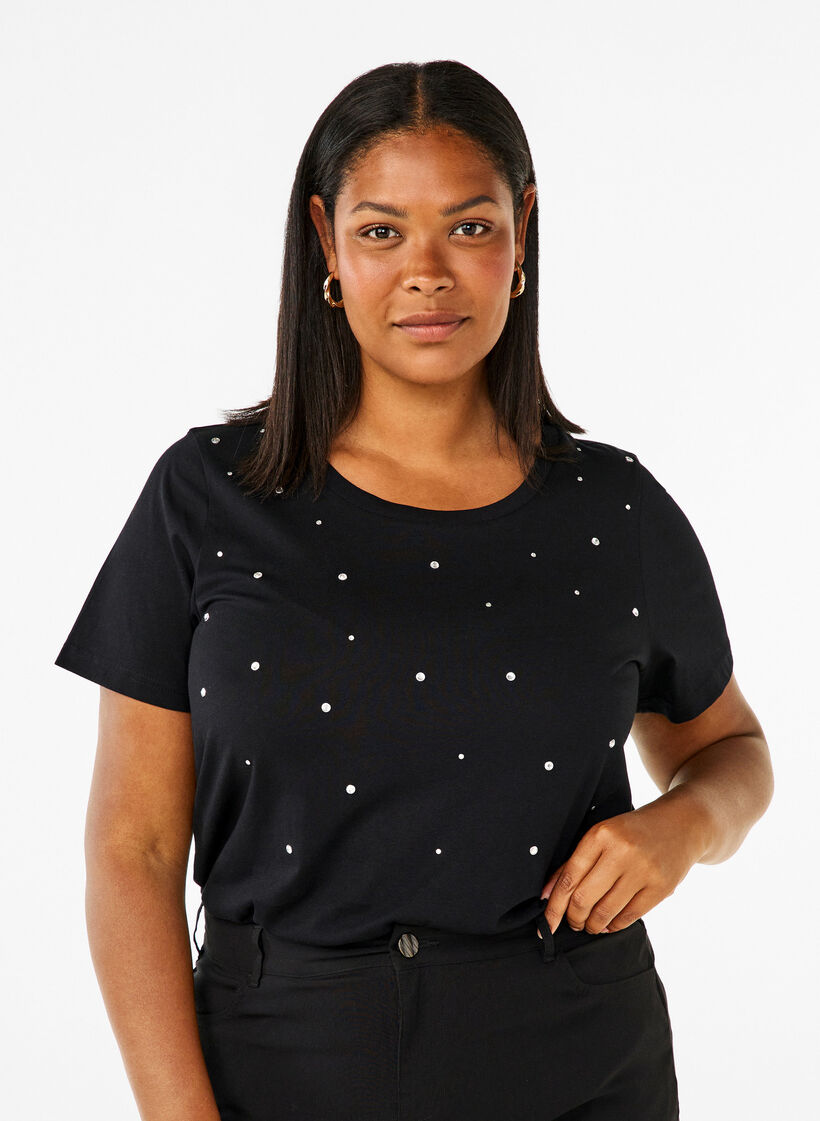 T-shirt i bomull med strasstenar, Black, Model image number 0