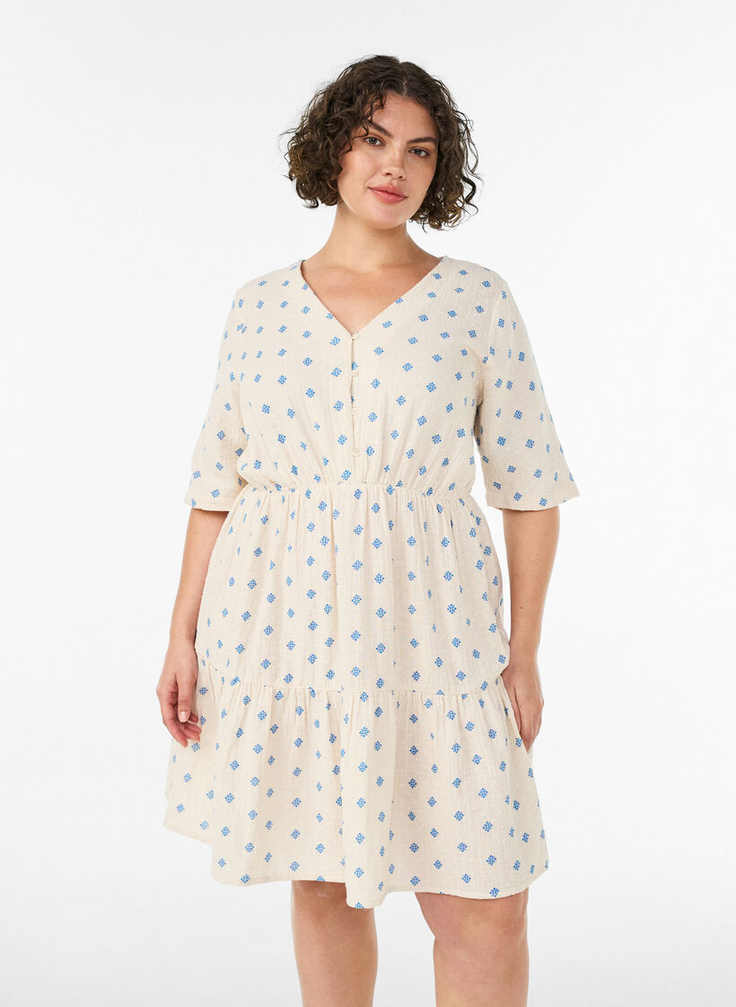 M&ouml;nstrad kl&auml;nning i bomull med res&aring;r i midjan, Beige, Model image number 0
