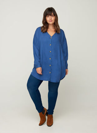Skjorta i lyocell med v-ringning, Blue denim, Model image number 3