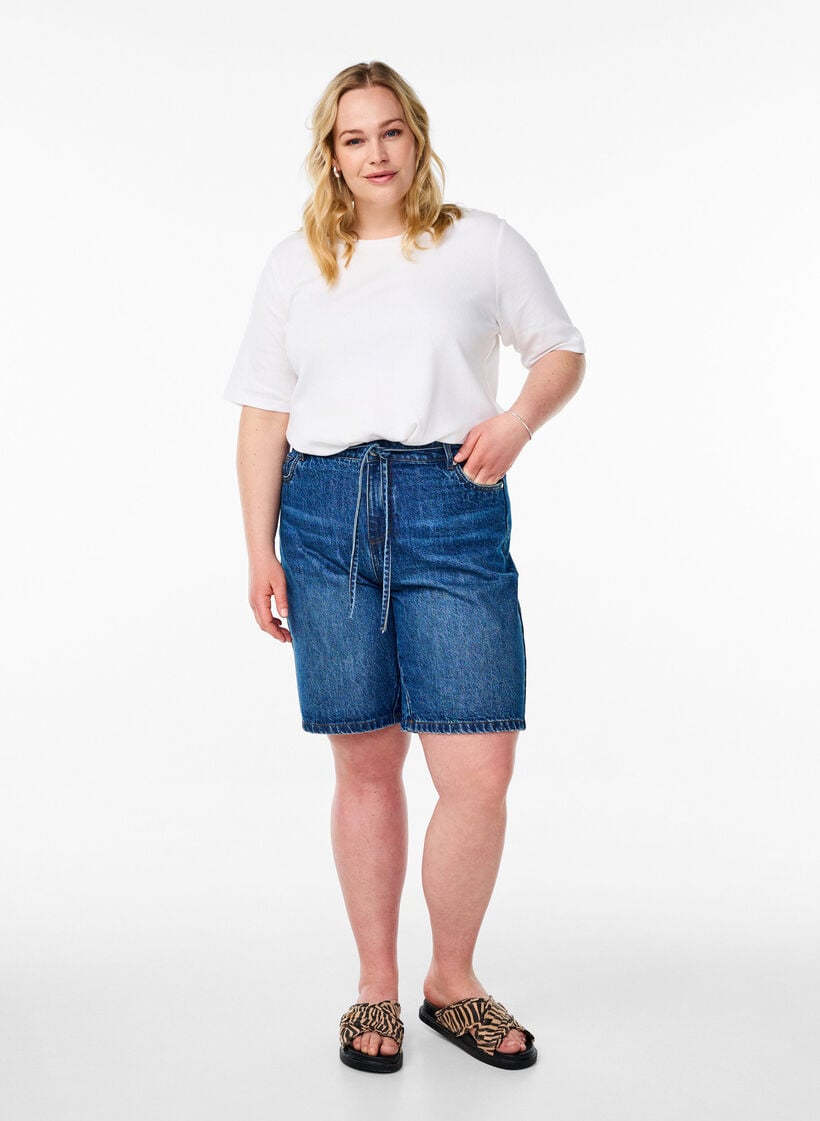 Blus i ribbad jersey med korta &auml;rmar, Vit, Model image number 1