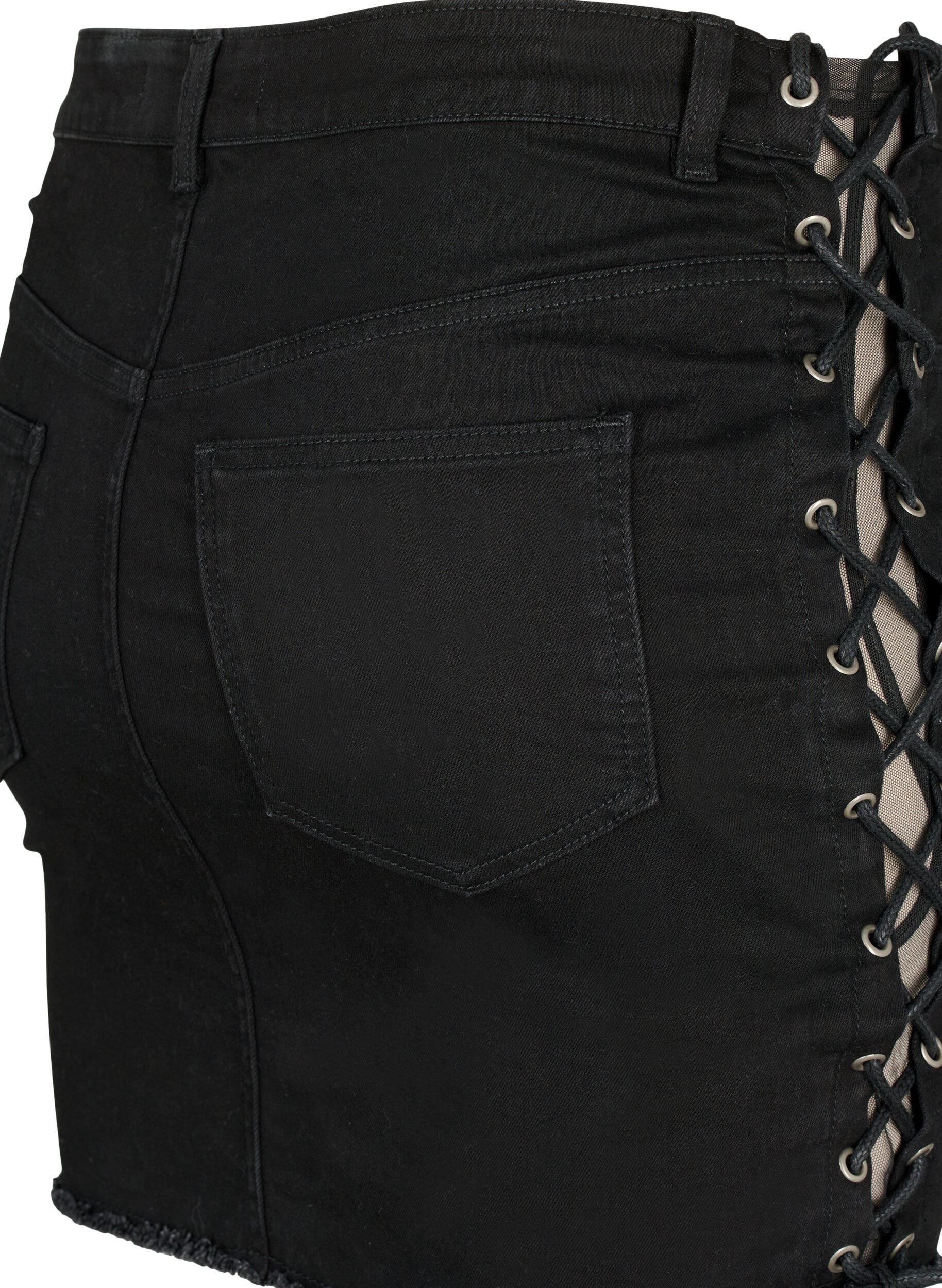 Zizzi Kort jeanskjol med sn&ouml;rningsdetaljer, Black, Packshot image number 3