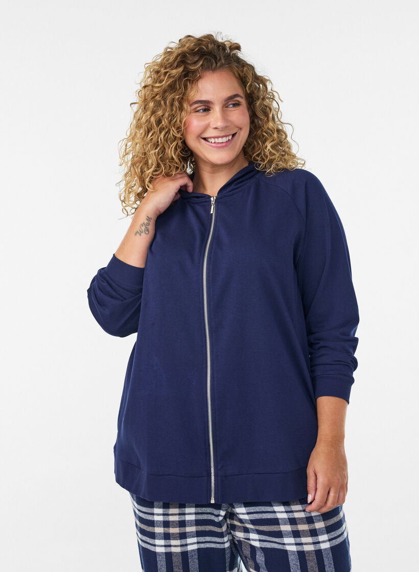Kofta i sweatshirt material med huva och fickor, Bl&aring;, Model image number 0