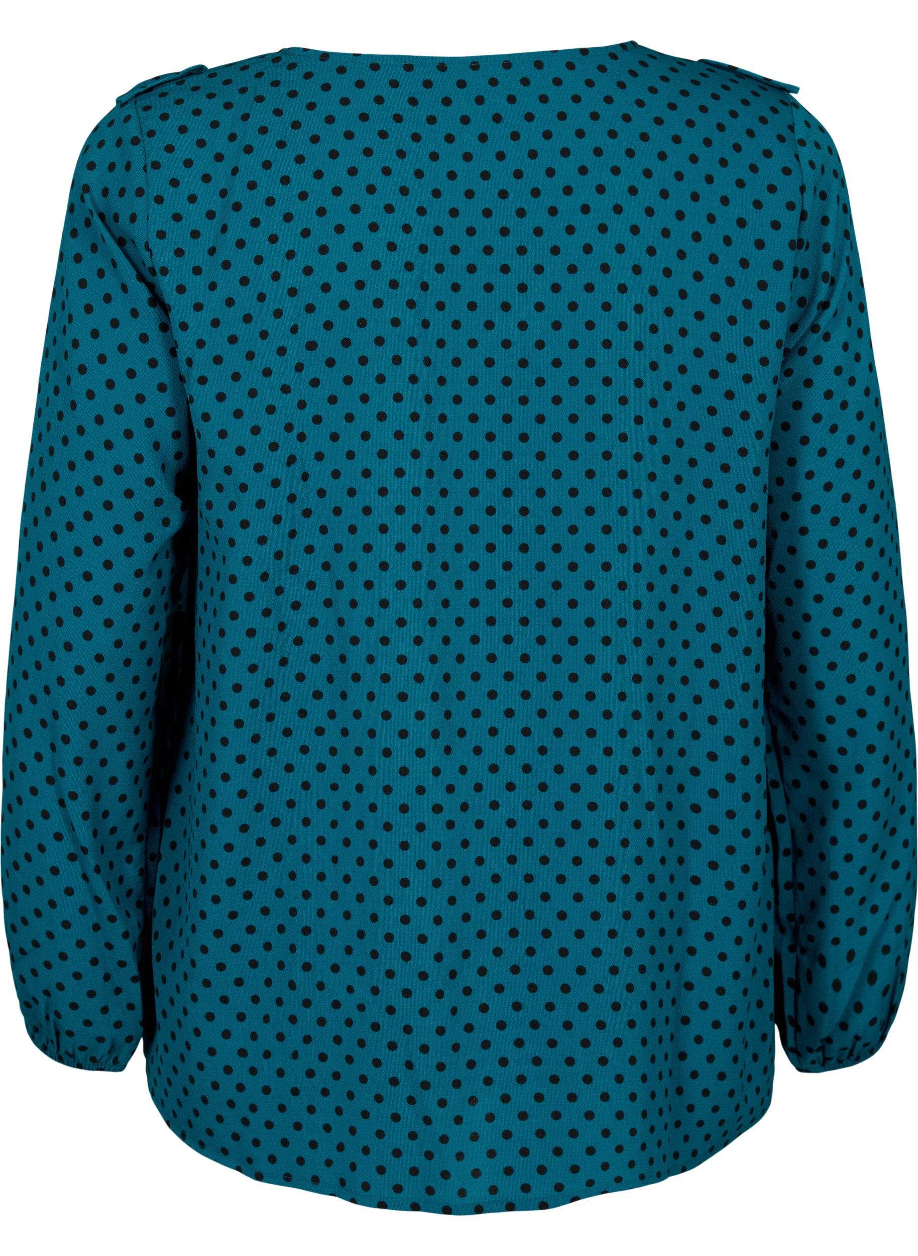 Zizzi L&aring;ng&auml;rmad blus med volanger, Shaded Spruce Dot, Packshot image number 1