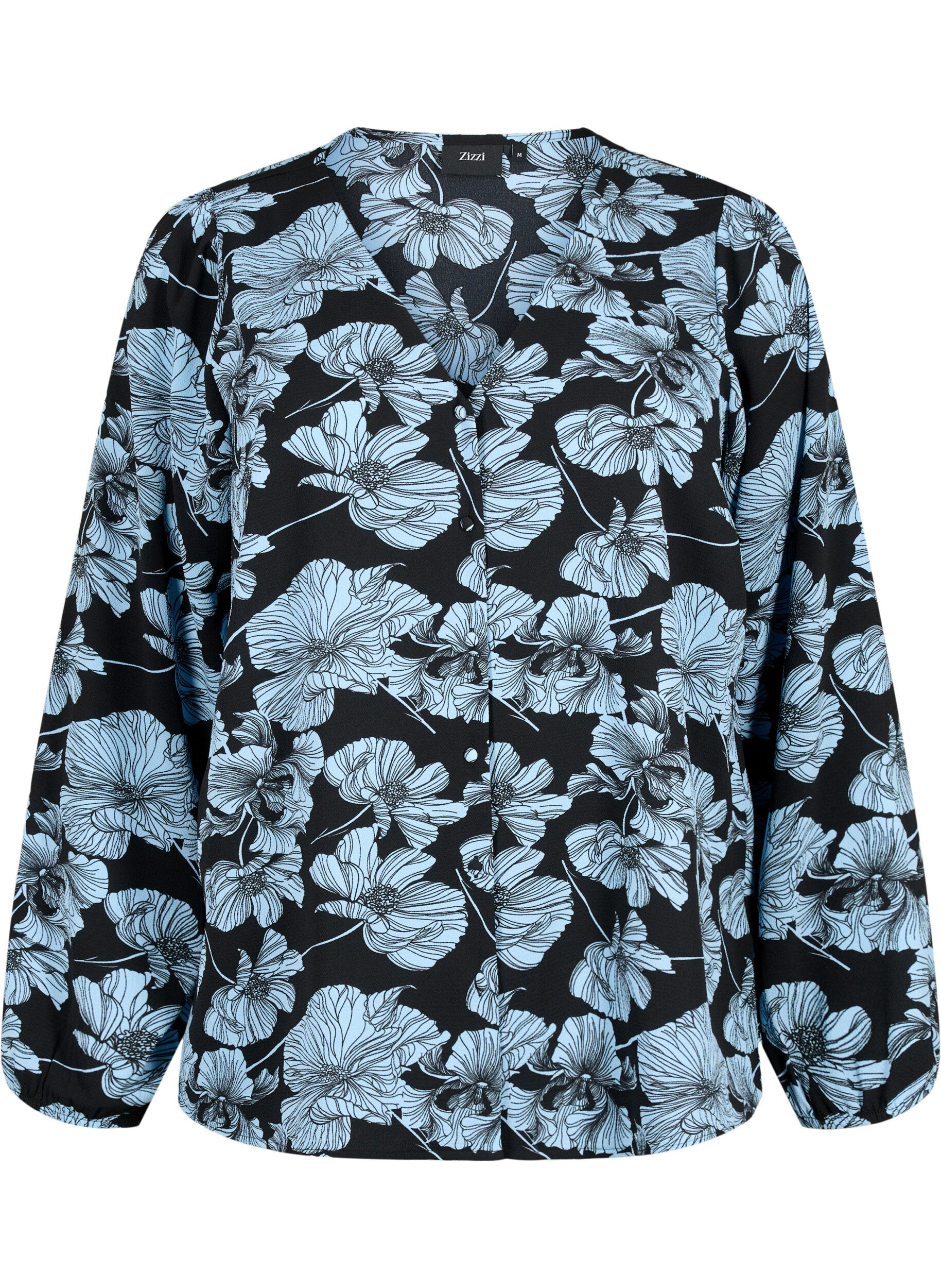 Zizzi Skjortblus med V-ringning och tryck, Black B. Flower AOP, Packshot image number 0