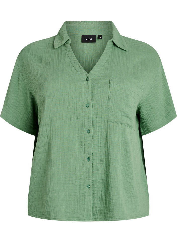Blus i bomullsmuslin med korta &auml;rmar, Gr&ouml;n, Packshot image number 0