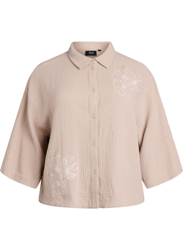 Skjorta i bomullsmuslin med broderade detaljer, Beige, Packshot image number 0