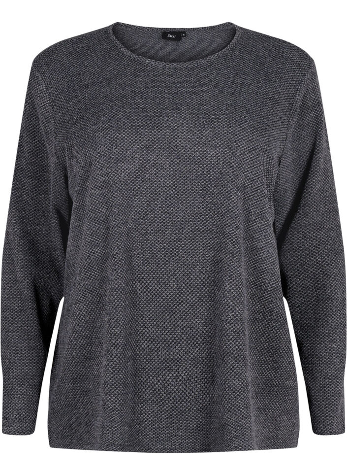 Melange blus med rund halsringning och långa ärmar, Dark Grey, Packshot image number 0
