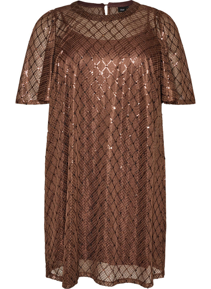 Kort kl&auml;nning i paljetter med diamantm&ouml;nster, Brun, Packshot image number 0