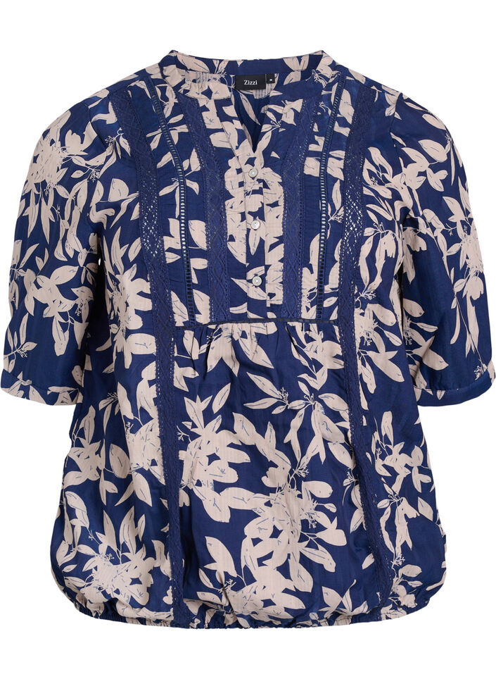 Blus med tryck och halvkorta &auml;rmar, Bl&aring;, Packshot image number 0