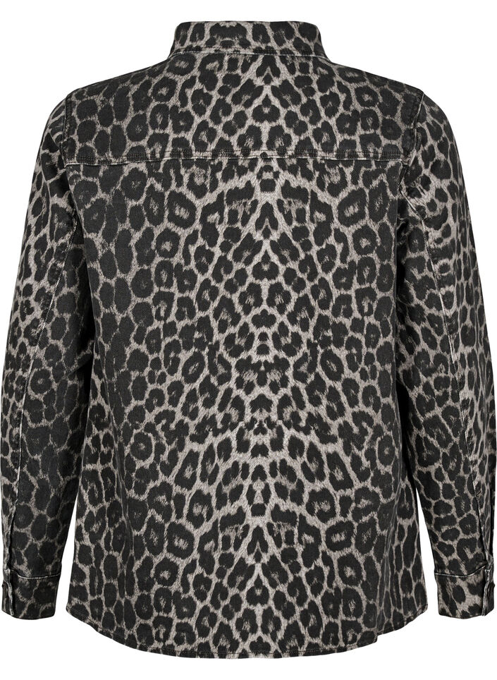 Jeansblus med leopardmönster och knappar, Grå, Packshot image number 1