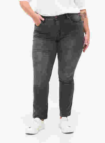 Slim fit Emily jeans med normalhög midja, Dark Grey Denim, Model image number 2