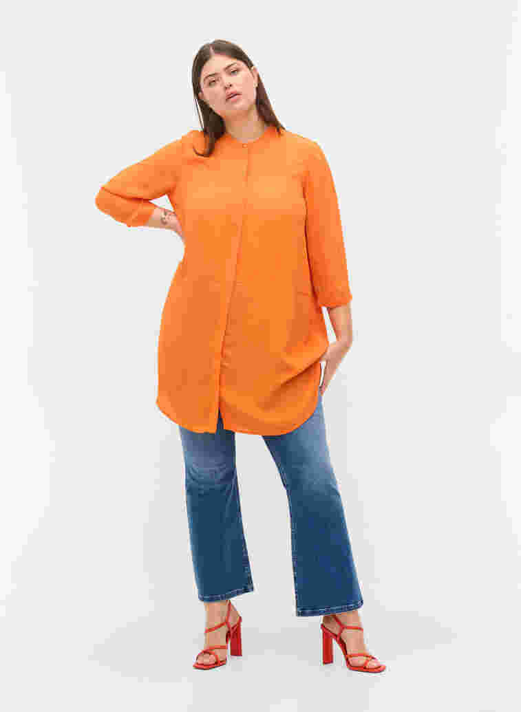 Lång viskosskjorta med 3/4-ärmar, Orange Peel, Model image number 2