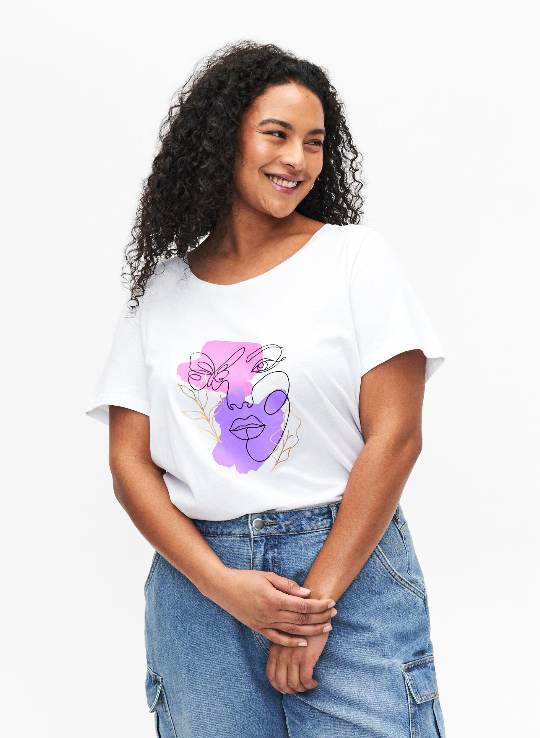 Zizzi T-shirt i bomull med motiv, B. White w. Face, Model image number 0