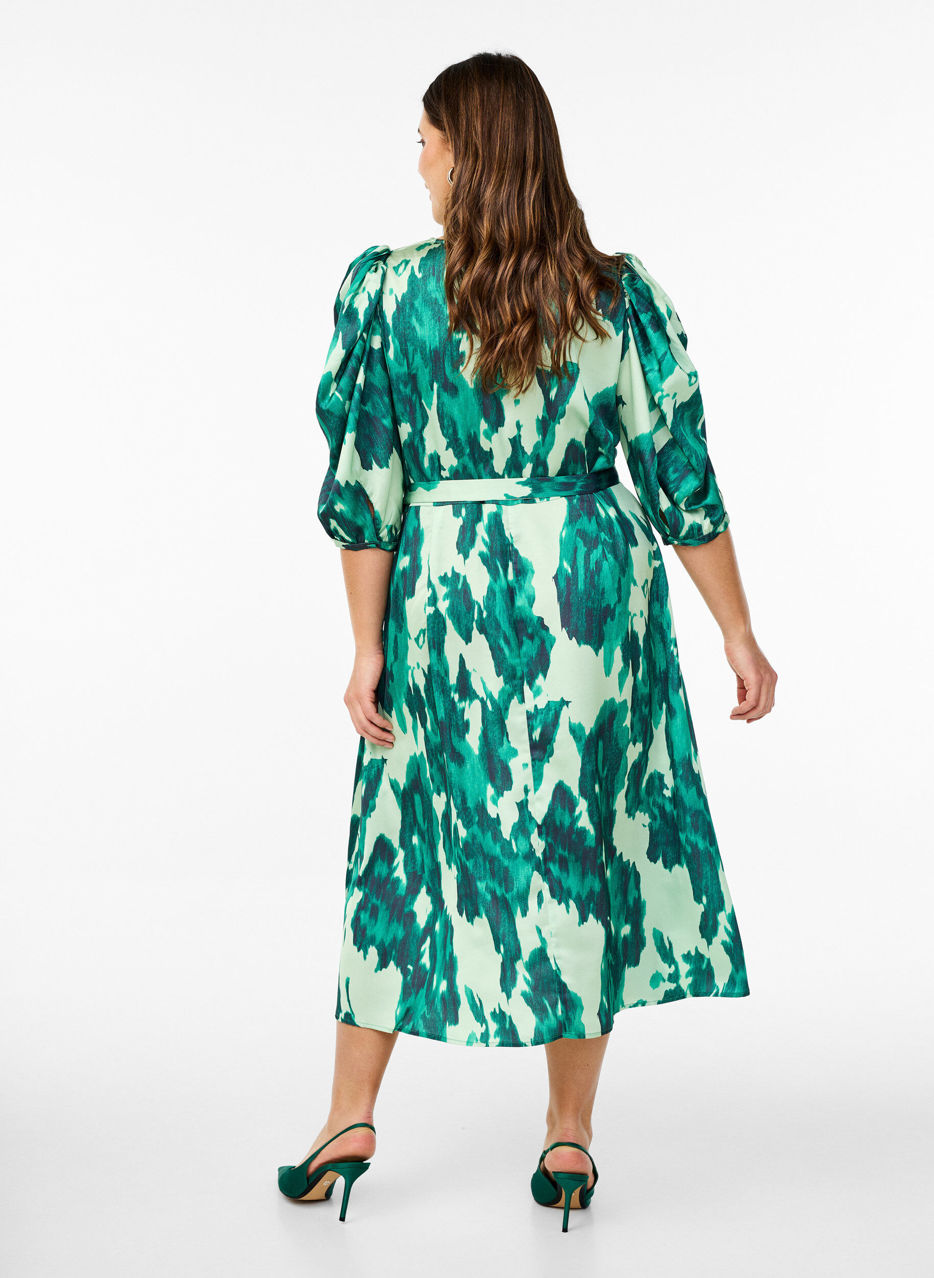 Zizzi Kort&auml;rmad festkl&auml;nning med knytsk&auml;rp, Gr&ouml;n, Model image number 1