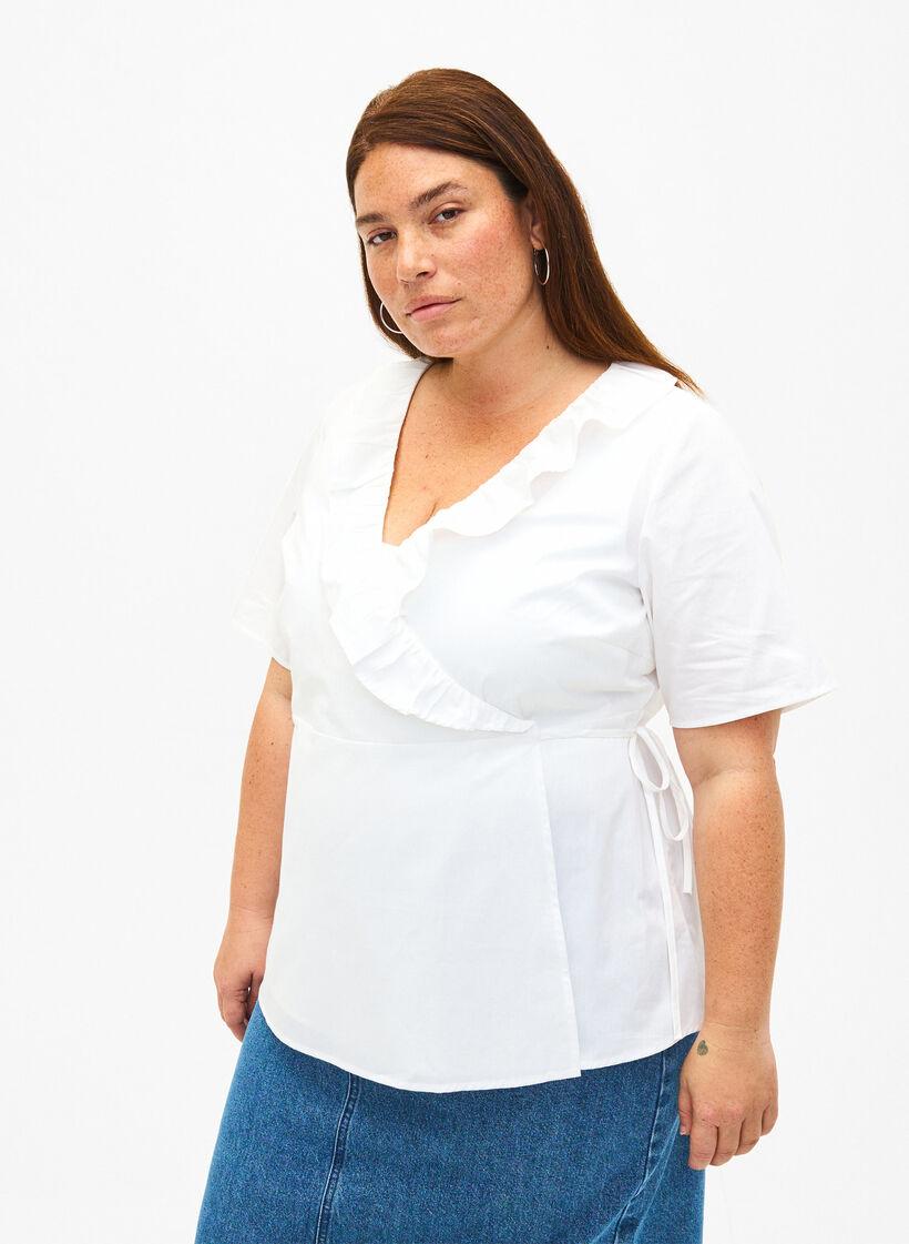 Kortärmad blus med volangdetaljer, Vit, Model image number 0