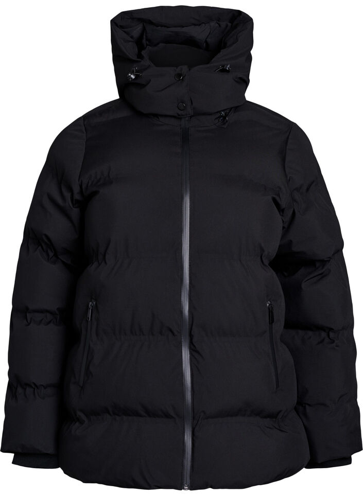 Kort pufferjacka med avtagbar huva, Svart, Packshot image number 0
