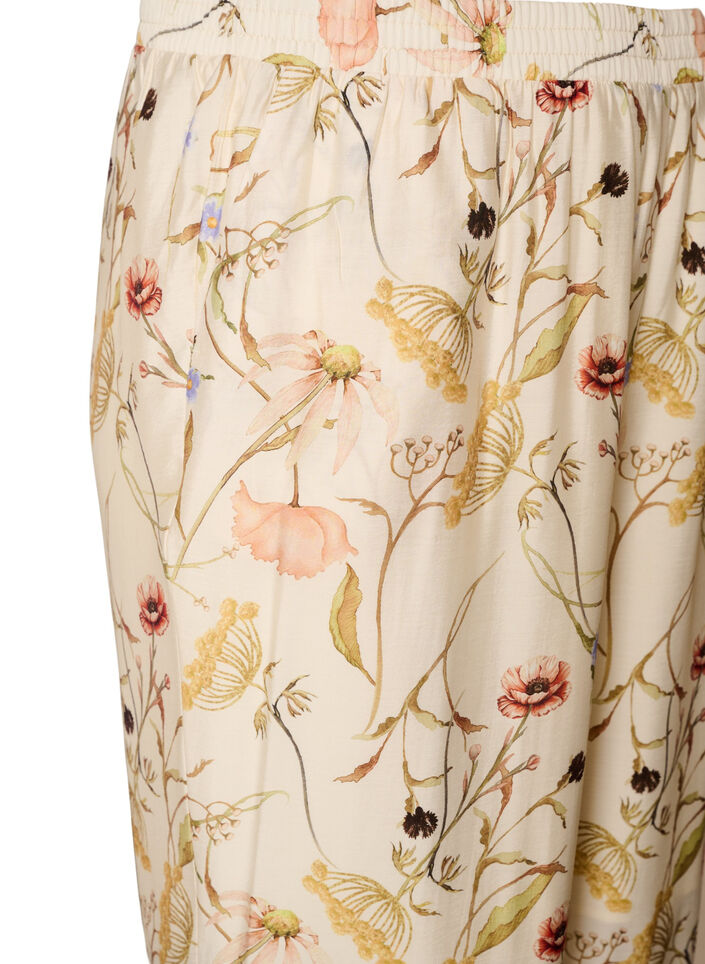 H&ouml;gmidjade byxor i viskos med blommigt m&ouml;nster, Beige, Packshot