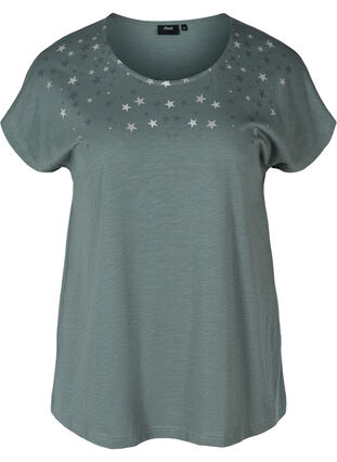 T-shirt i bomull med stjärnmotiv upptill, Balsam Green STARS, Packshot image number 0