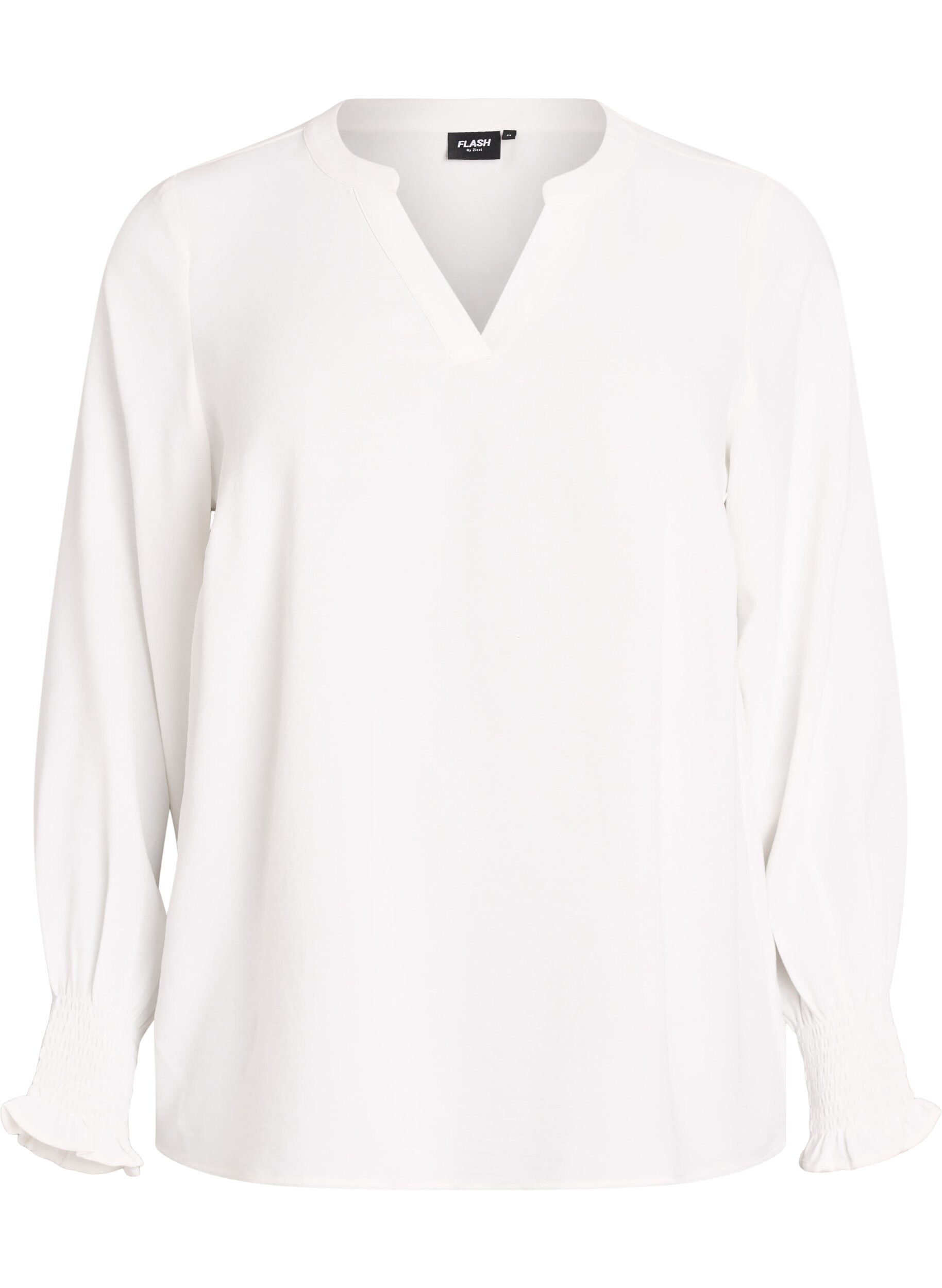 FLASH - Blus med smockade manschetter och v-ringning