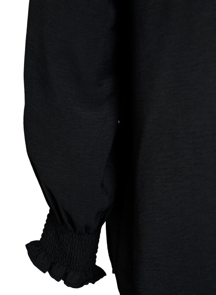 Blus med smockade manschetter och v-ringning, Svart, Packshot image number 3