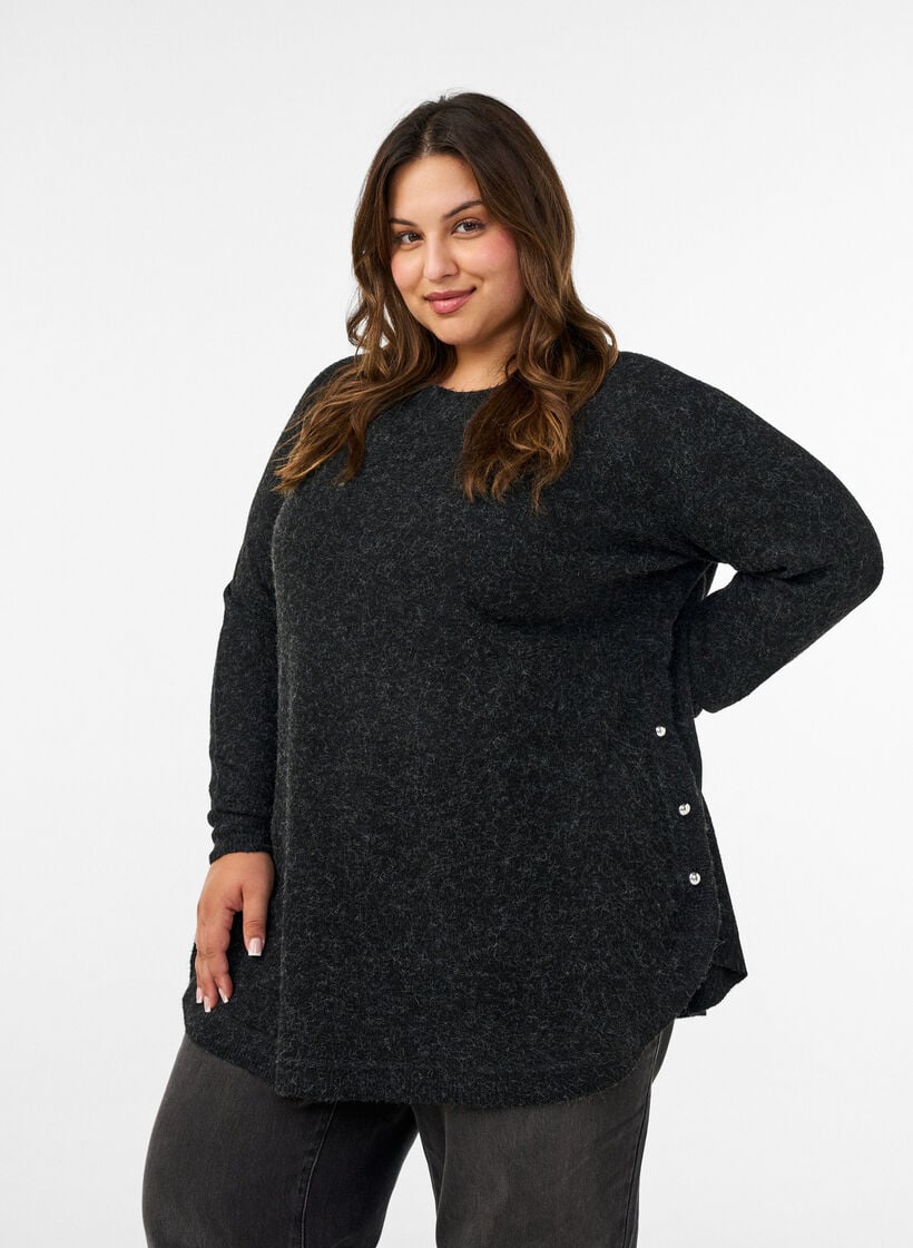 L&aring;ng stickad blus med kulknappar, Gr&aring;, Model image number 0