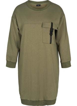 Sweatklänning med långa ärmar och ficka, Deep Lichen Green, Packshot image number 0