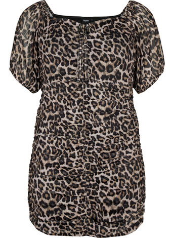 Kort klänning i mesh med leopardtryck