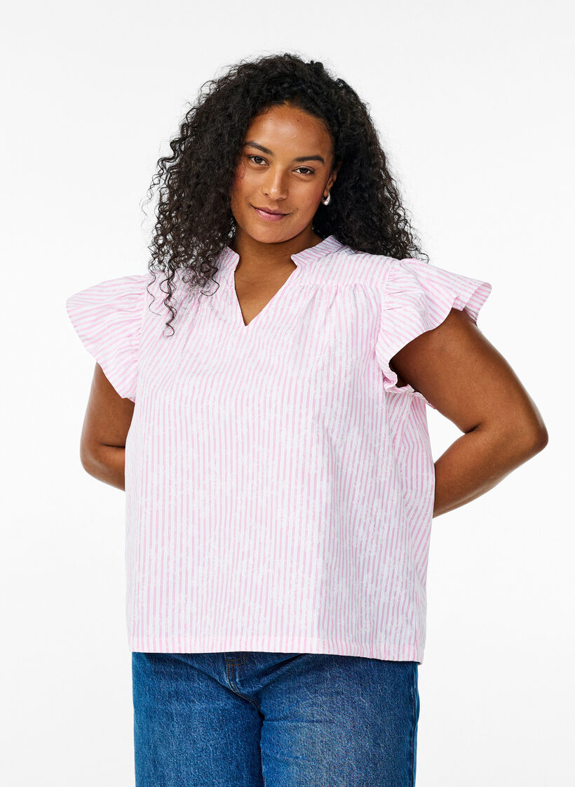 Ärmlös blus med ränder och blommönster, Rosa, Model image number 0