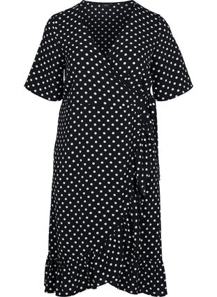 Omlottklänning med tryck och korta ärmar, Black Dot, Packshot image number 0