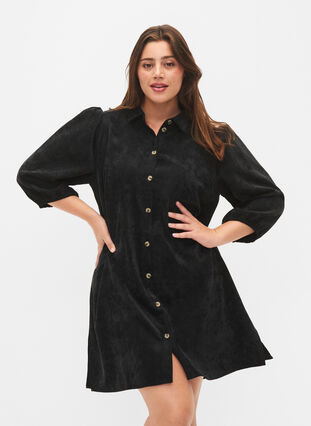 Klänning i sammet med 3/4-ärm och knappar	, Black, Model image number 0