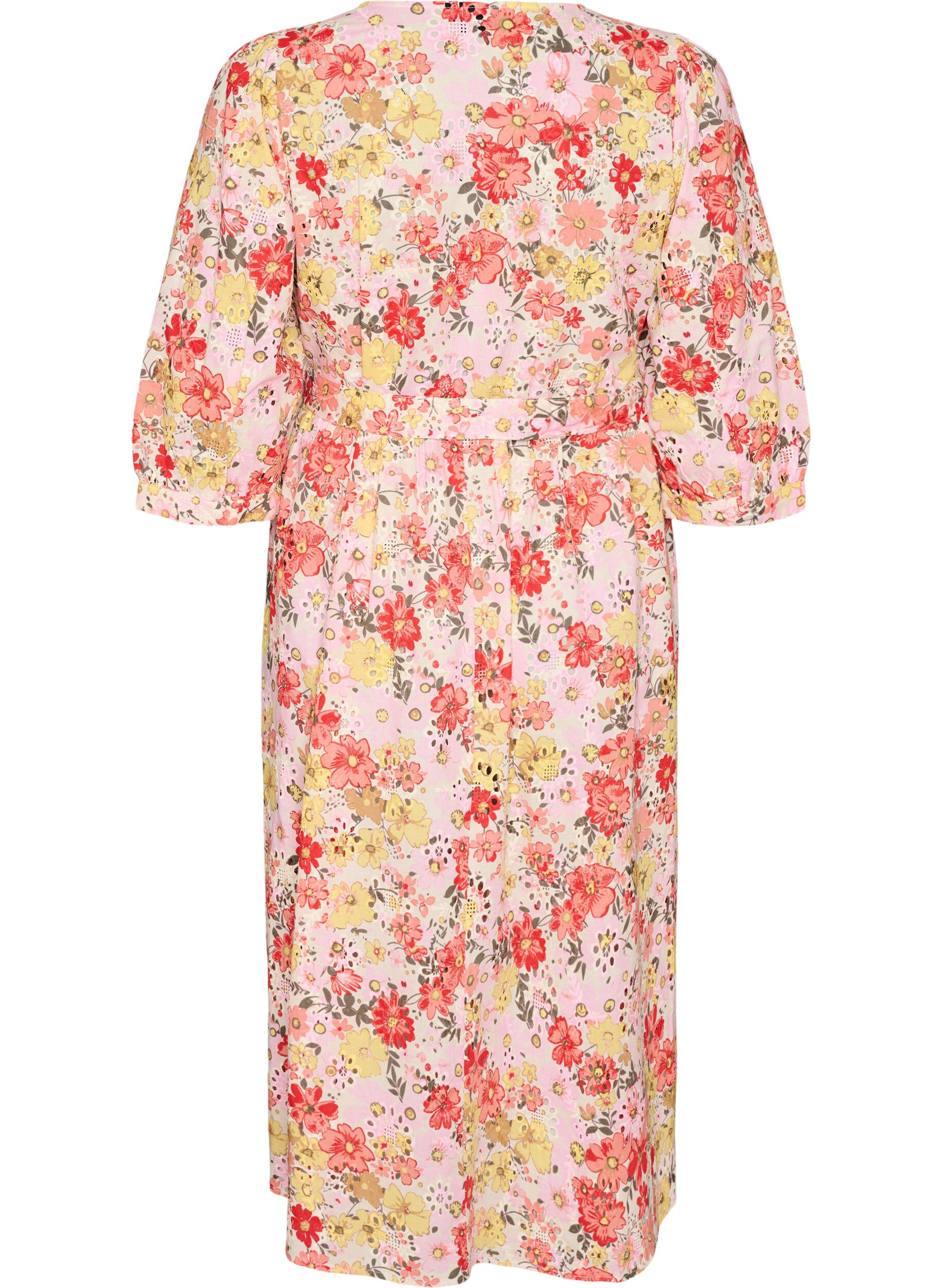 ZizziBlommig midikl&auml;nning med broderie anglaise och knytsk&auml;rp, Rosa, Packshot image number 1