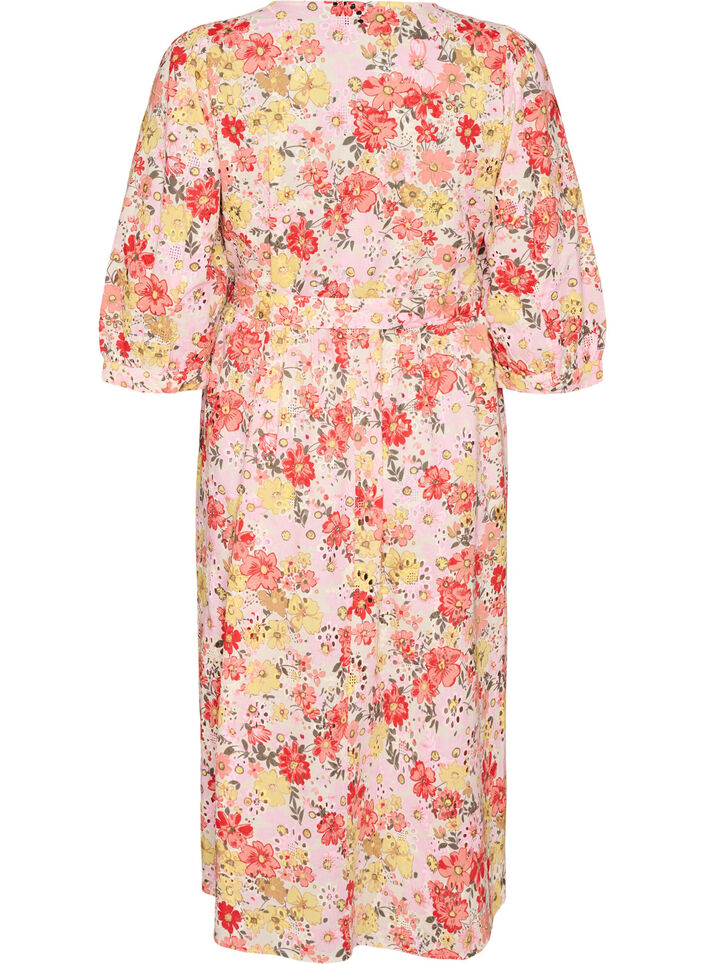 Blommig midikl&auml;nning med broderie anglaise och knytsk&auml;rp, Rosa, Packshot