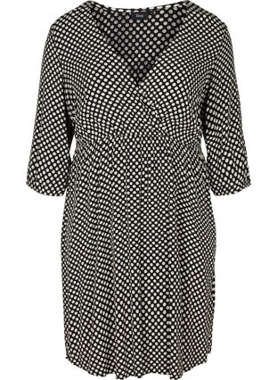 Prickig viskosklänning med 3/4-ärmar, Black w. White Dot, Packshot image number 0