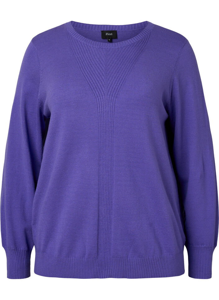 Enfärgad stickad tröja med ribbade detaljer, Purple Opulence Mel., Packshot image number 0