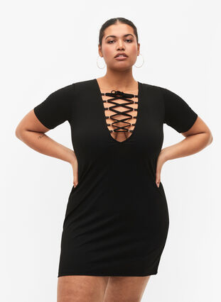 Vändbar klänning med stringdetalj, Black, Model image number 0
