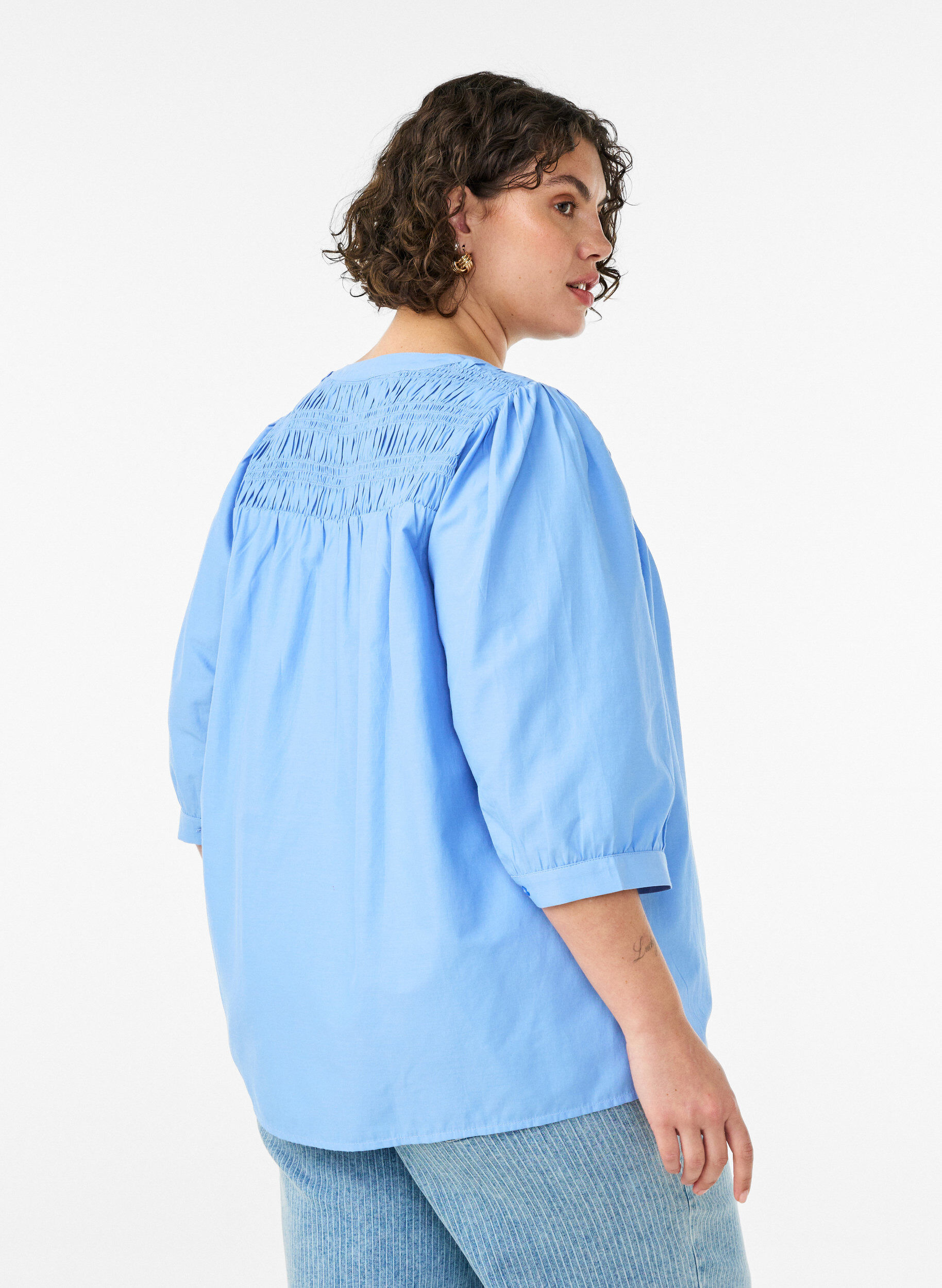 ZizziBlus med smock och 3/4-&auml;rmar, Bl&aring;, Model image number 2