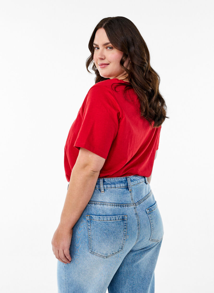 Kort&auml;rmad enkel t-shirt med v-ringning, R&ouml;d, Model image number 2