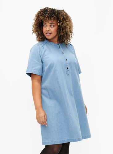 A-formad denimklänning med korta ärmar, Light blue denim, Model image number 0