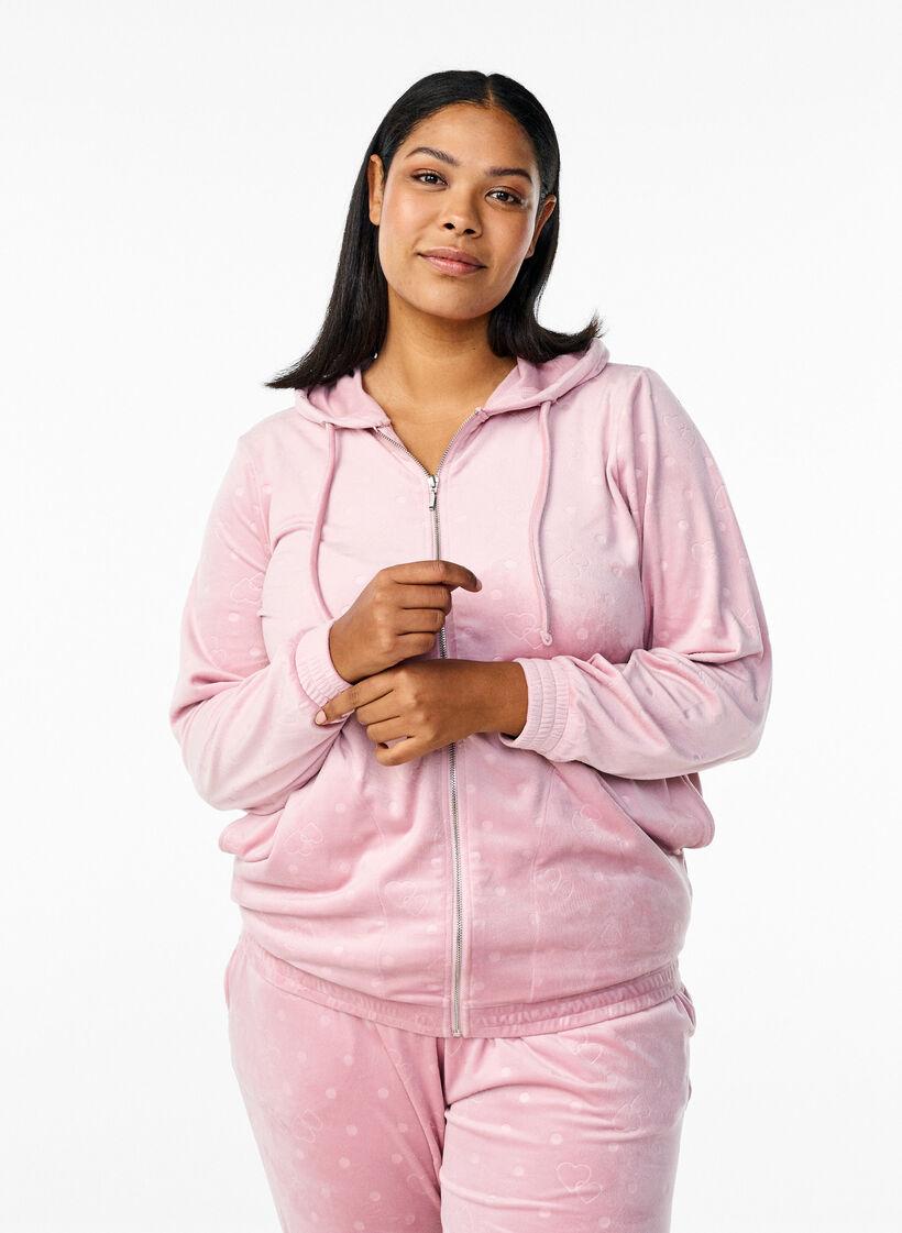 Velourcardigan med huva och fickor, Rosa, Model image number 0
