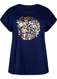 T-shirt i ekologisk bomull med guldtryck, Med.Blue Gold Flower